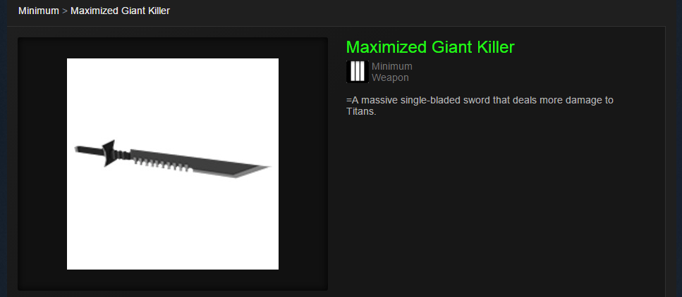 This upgraded “Giant Killer” sword from third-person shooter Minimum is currently selling for $0.10 USD on the Steam Community Market.
