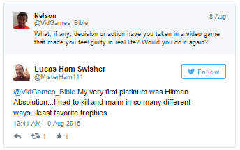 “My very first platinum was Hitman Absolution…I had to kill and maim in so many different ways…least favorite trophies”